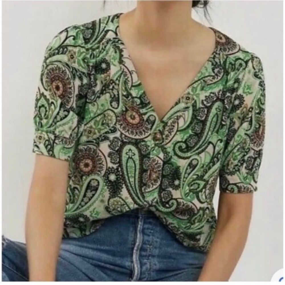 Anthropologie Maeve Blaise buttondown shirt green 12 EUC